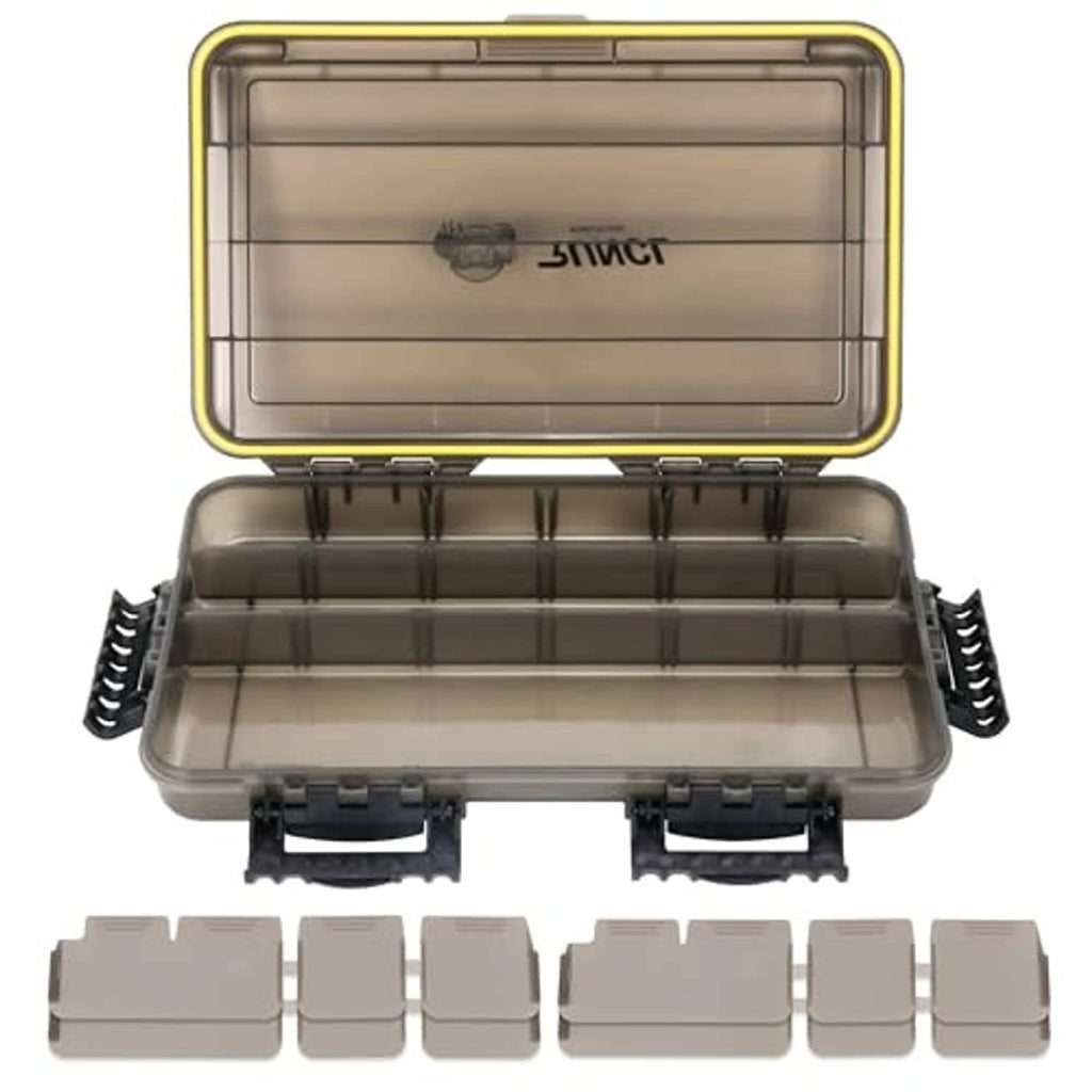 Open waterproof tackle box tray with multiple gray storage compartments and dividers