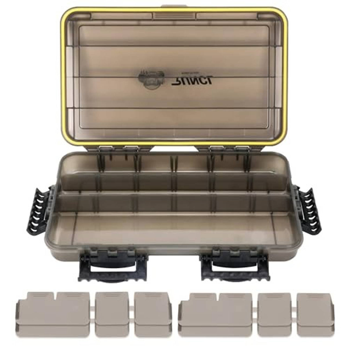 Open waterproof tackle box tray with multiple gray storage compartments and dividers
