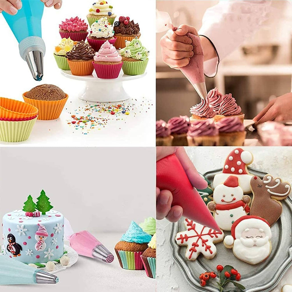 Tipless piping bags decorating cupcakes and cookies with icing