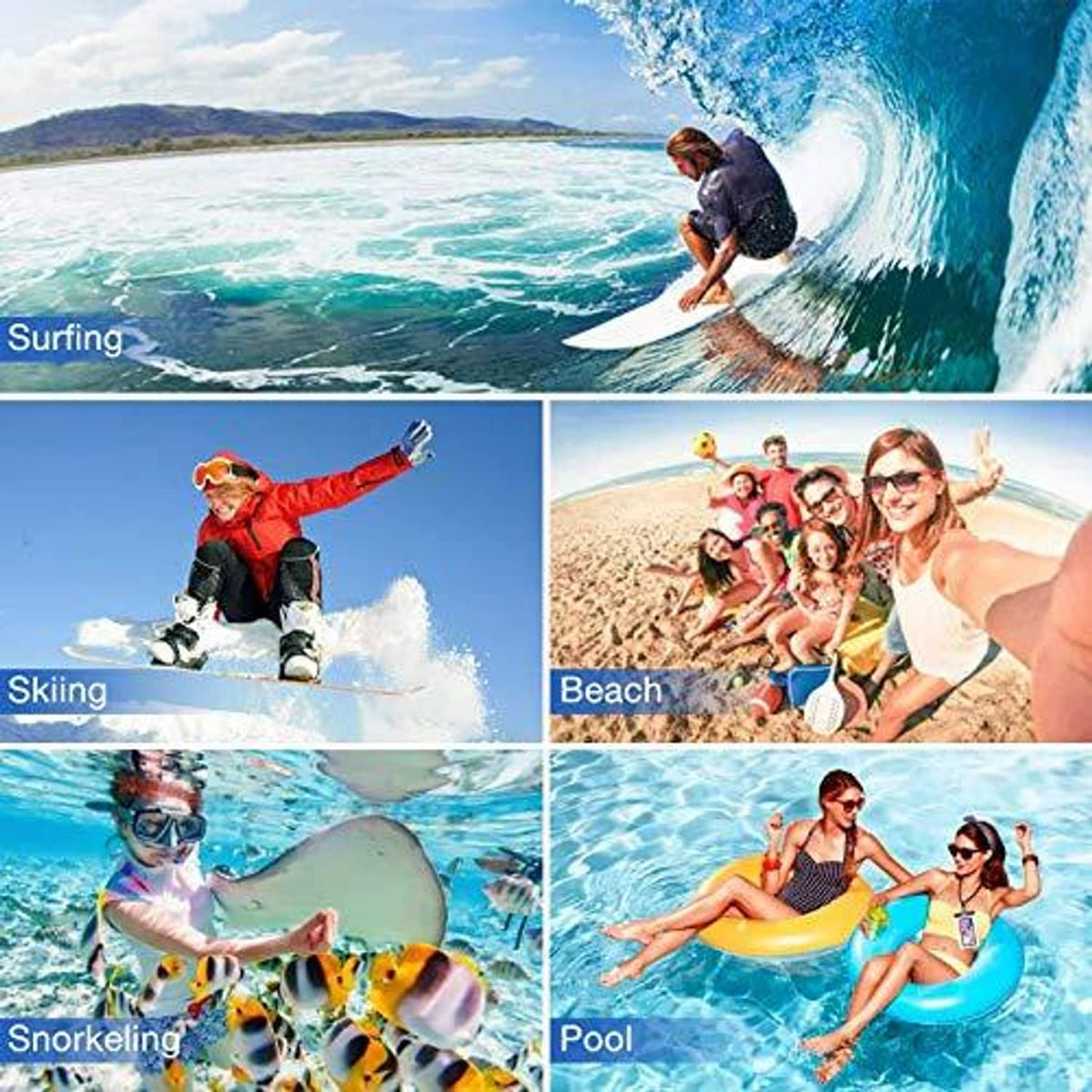 Waterproof phone pouch shown in action for surfing, skiing, beach, snorkeling, and pool