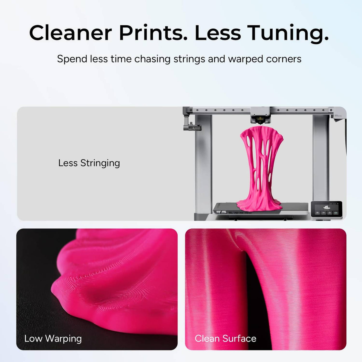 Pink filament print on a 3D printer bed with smoother surface close-up