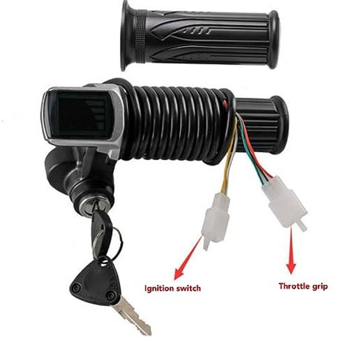 Throttle grip lock kit with throttle housing, small display module, wiring, and key