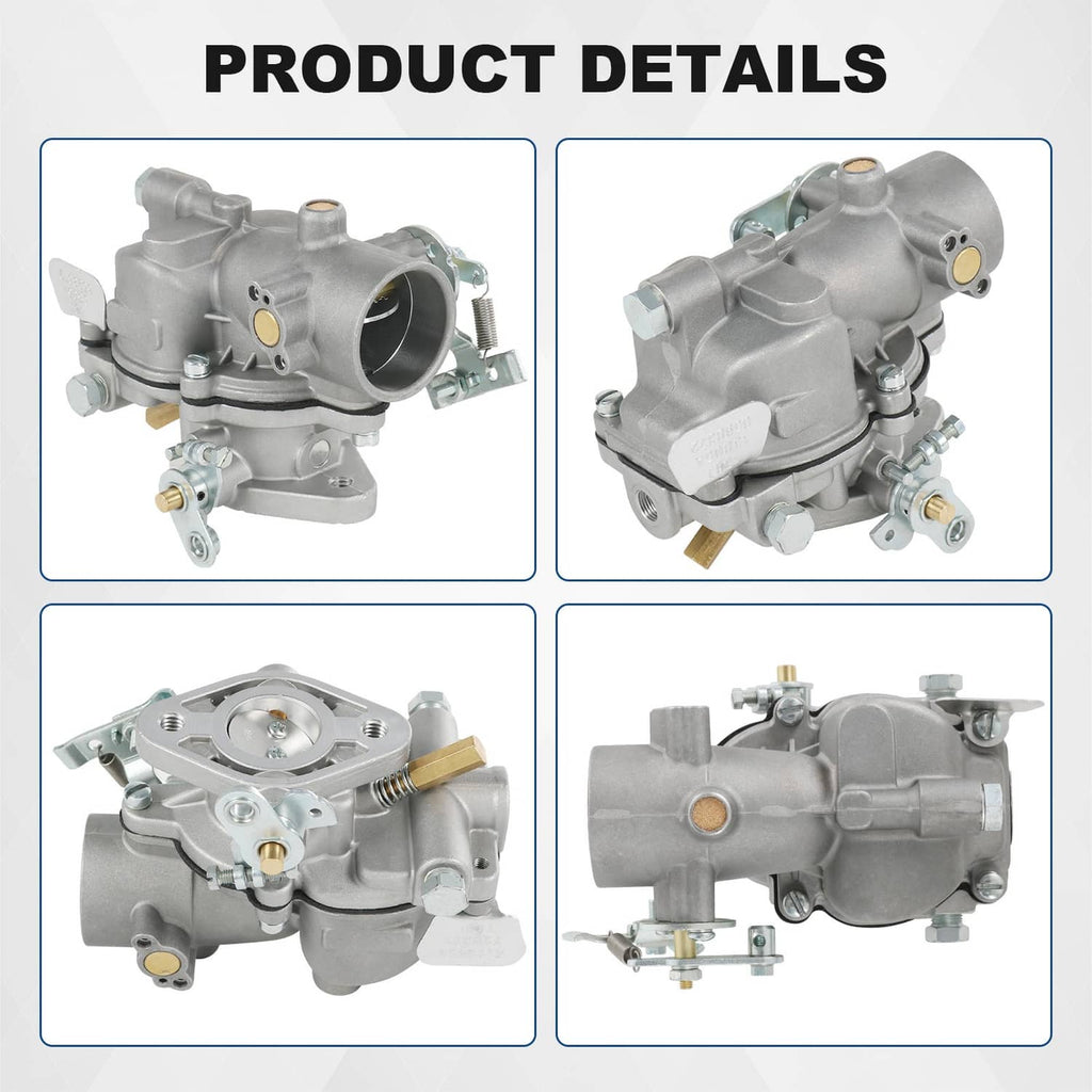 Carburetor assembly shown from multiple angles with visible throttle plate and fittings