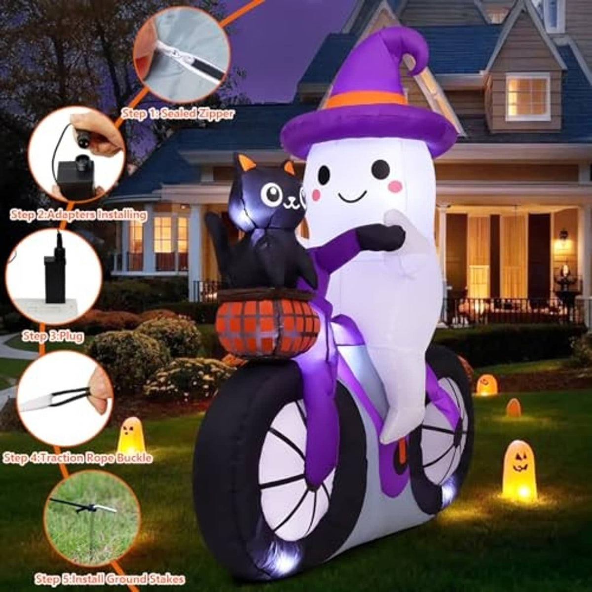 Inflatable ghost rider with purple hat and black wheels holding cat atop pumpkin basket
