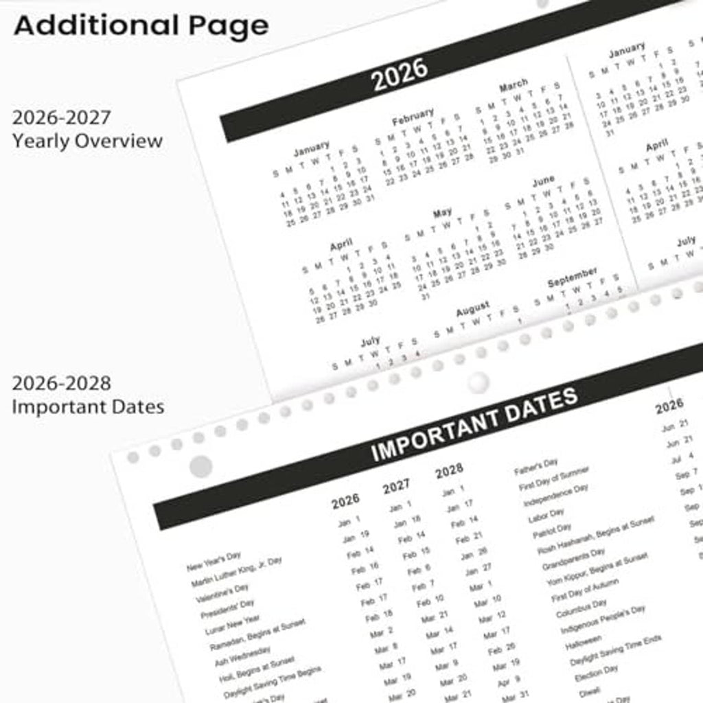 Calendar reference pages showing yearly overview and important dates tables