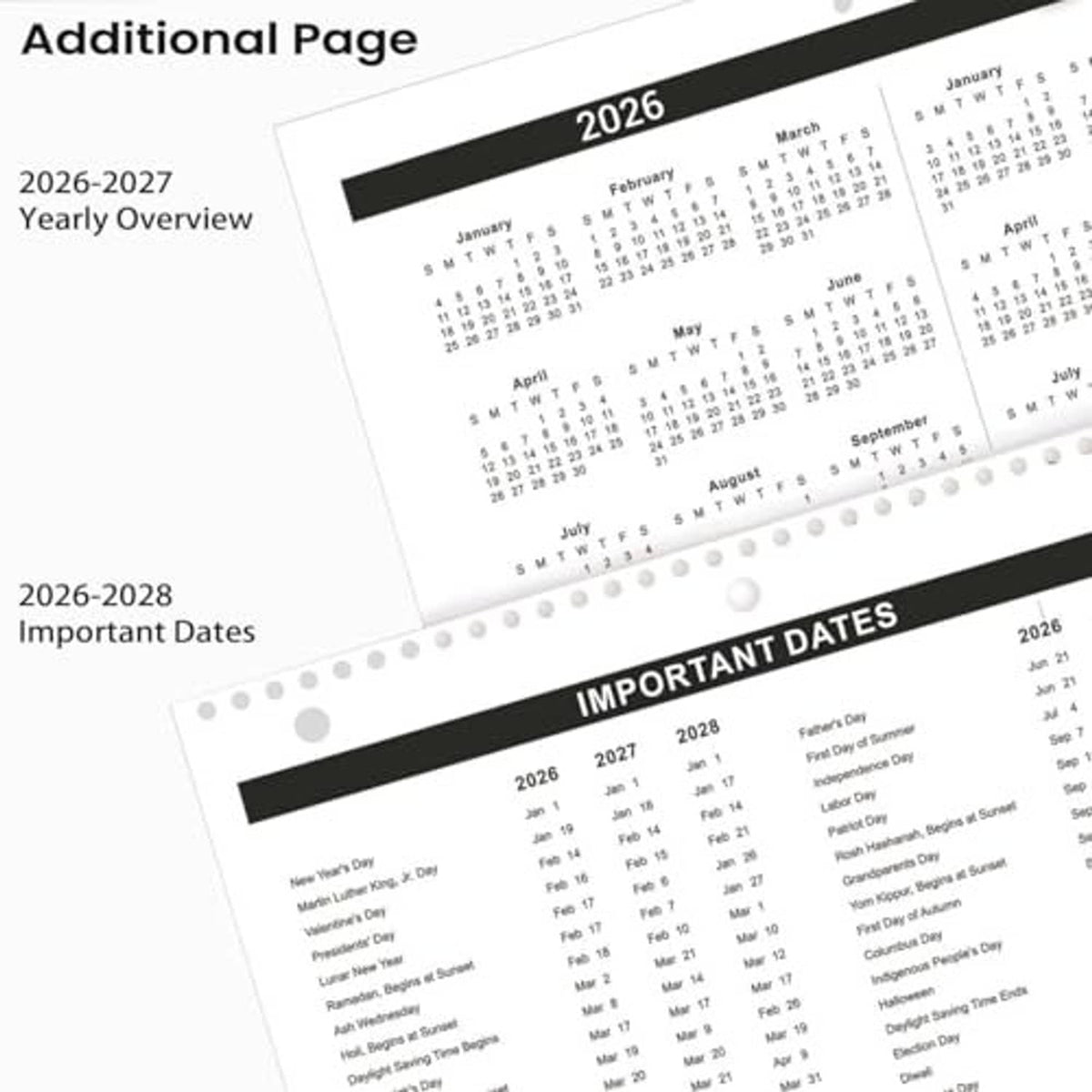 Calendar reference pages showing yearly overview and important dates tables