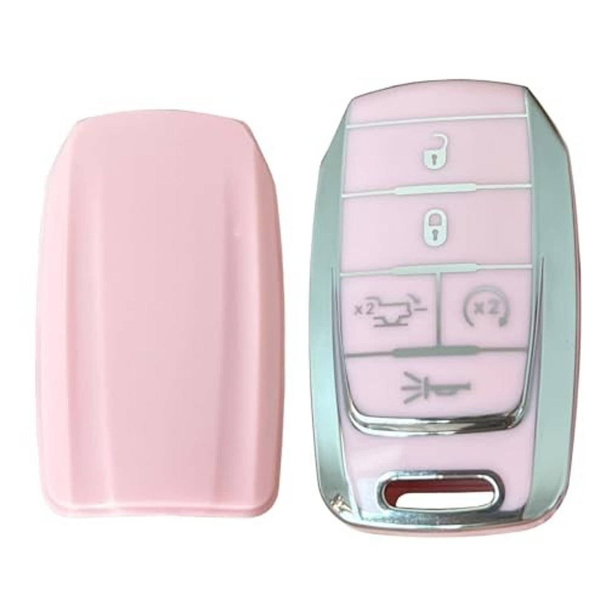 Pink silicone key fob cover with teal frame, button cutouts, and keychain loop