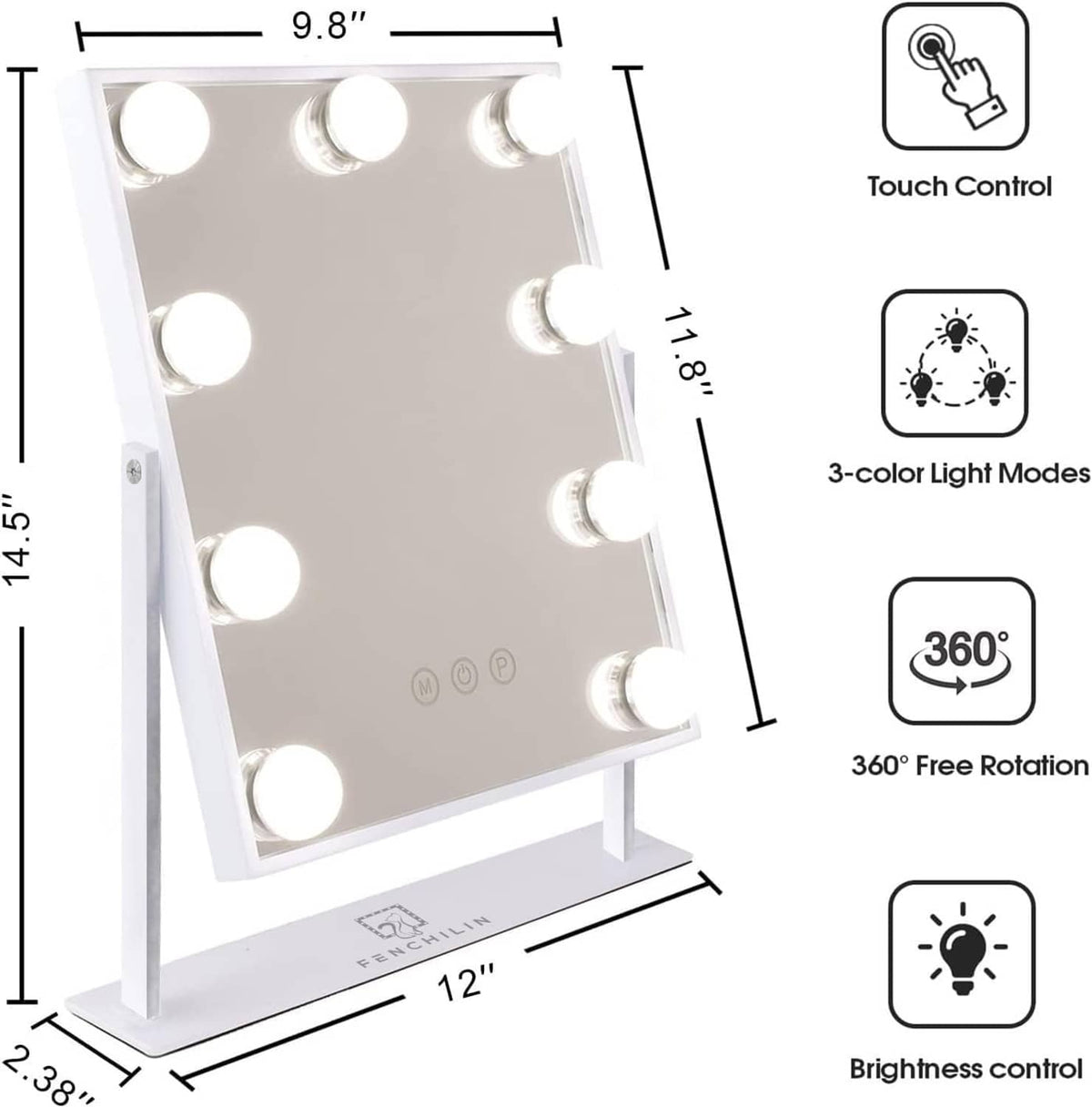 White LED lighted Hollywood mirror with touch control and 360-degree rotation view