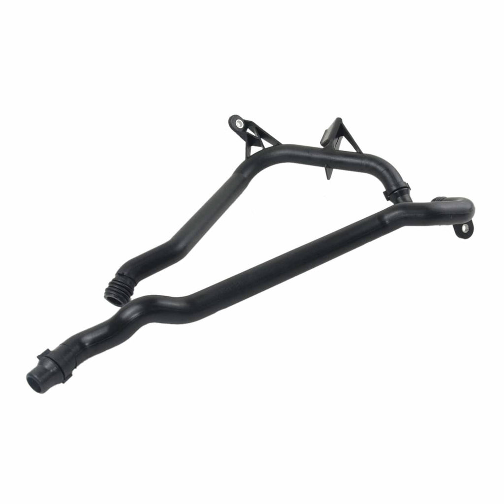 Engine heater coolant water pipe with curved black hoses and two bracket ends