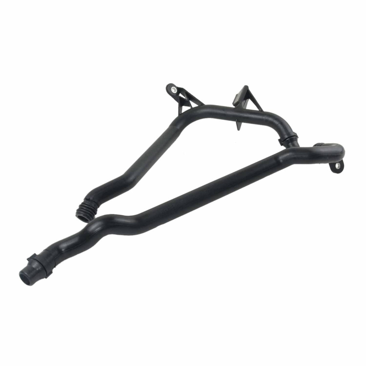 Engine heater coolant water pipe with curved black hoses and two bracket ends