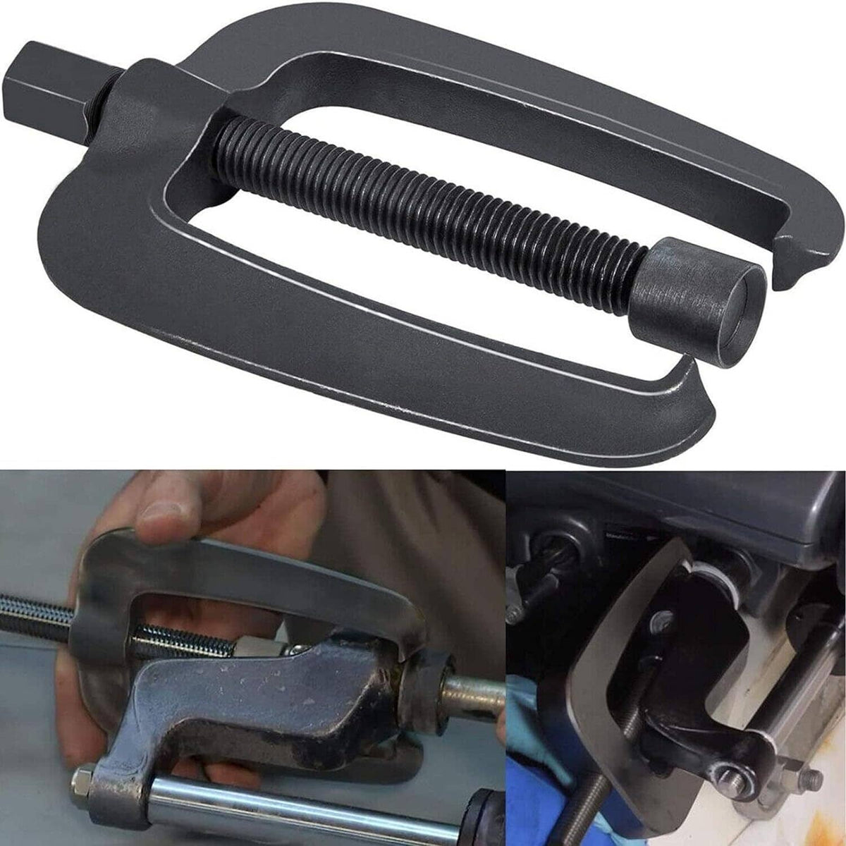 Black U-shaped bracket puller tool with long threaded rod and clamp ends