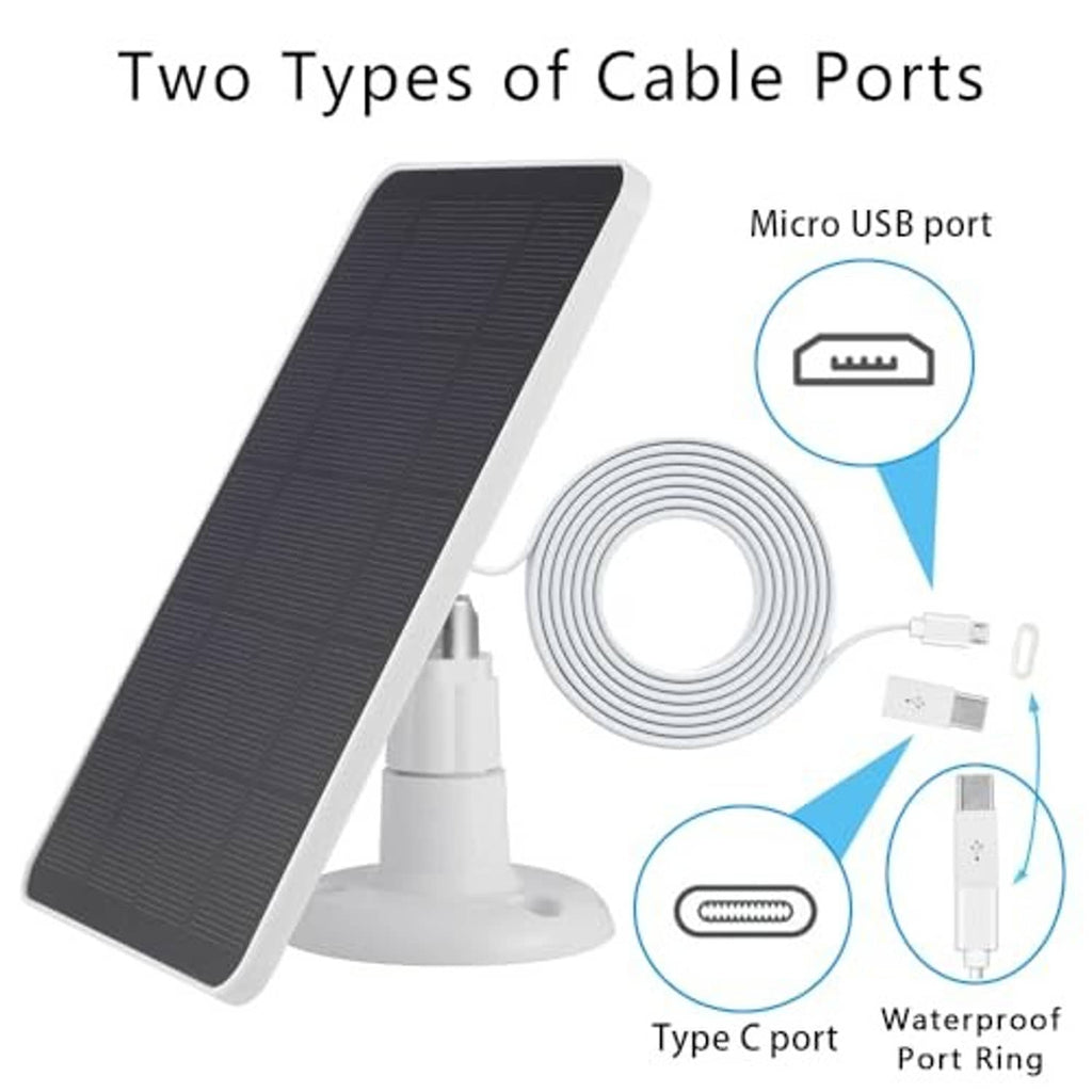 Solar panel with white stand, coiled cable, and Type-C and Micro-USB ports