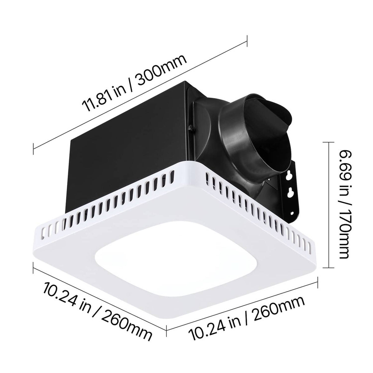 Ceiling ventilation fan with white LED panel and black duct outlet with flush fit.