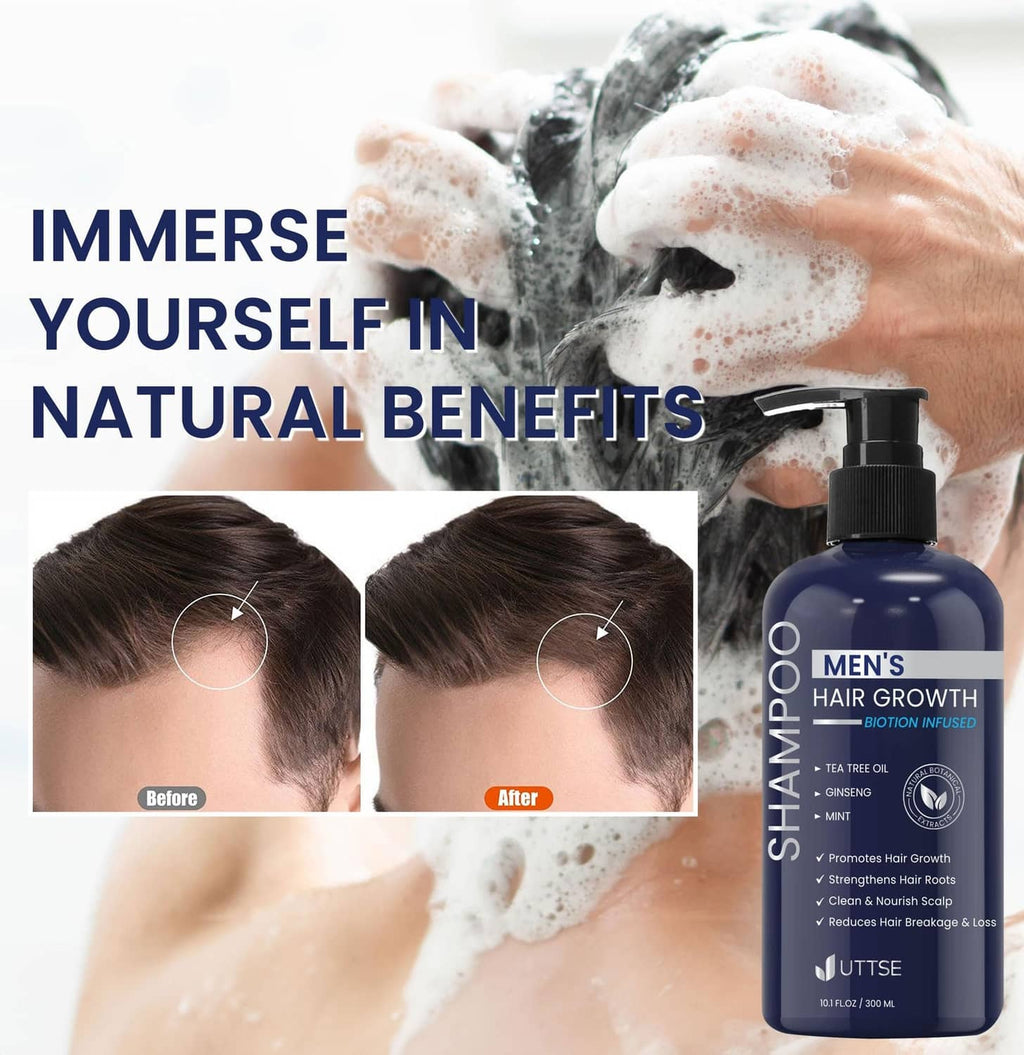 Men's hair growth shampoo bottle with foamy hair wash before/after faces