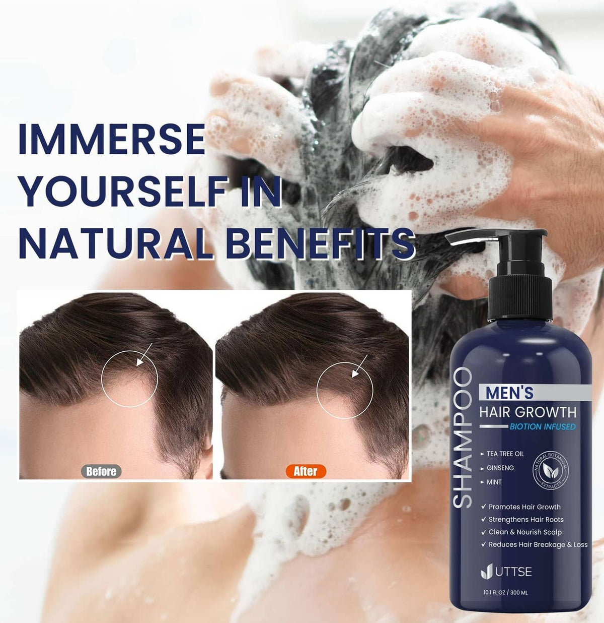Men's hair growth shampoo bottle with foamy hair wash before/after faces