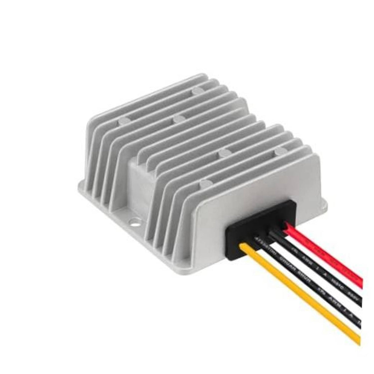 Silver aluminum buck-boost converter with finned heatsink and black terminal block