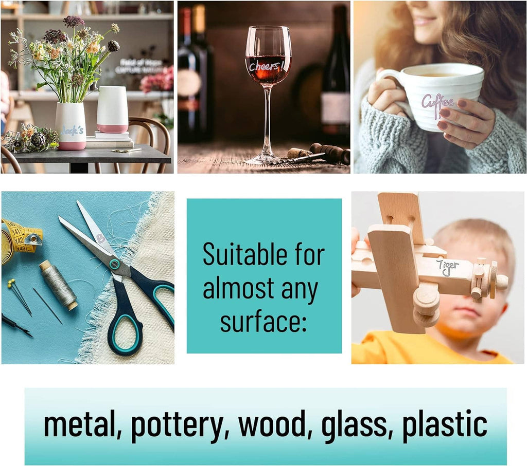 Metallic outline markers with instructions for use on metal, pottery, wood, glass.