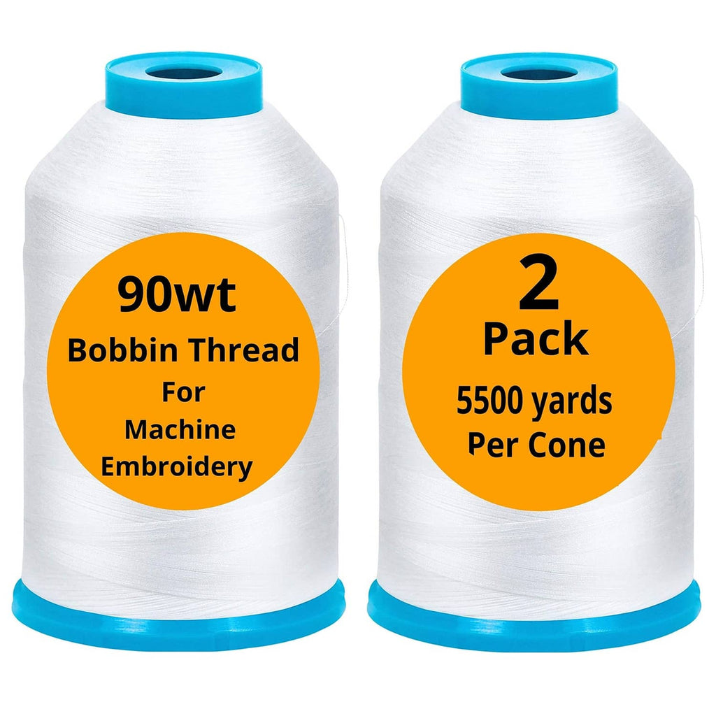 White 90wt embroidery bobbin thread cones, 2-pack, each on a blue base.