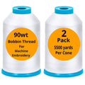 White 90wt embroidery bobbin thread cones, 2-pack, each on a blue base.