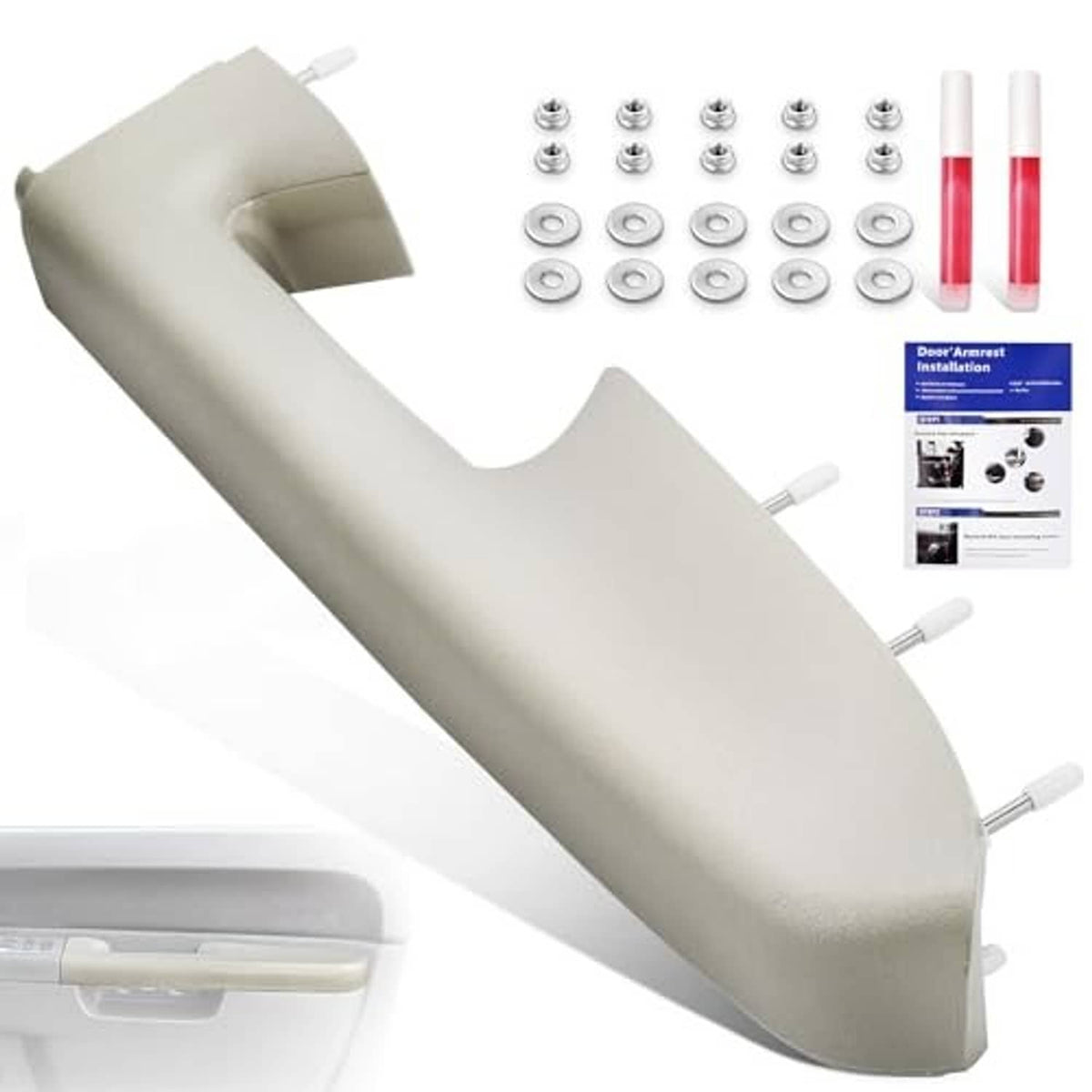 Gray front passenger armrest repair kit showing armrest cover and complete hardware set