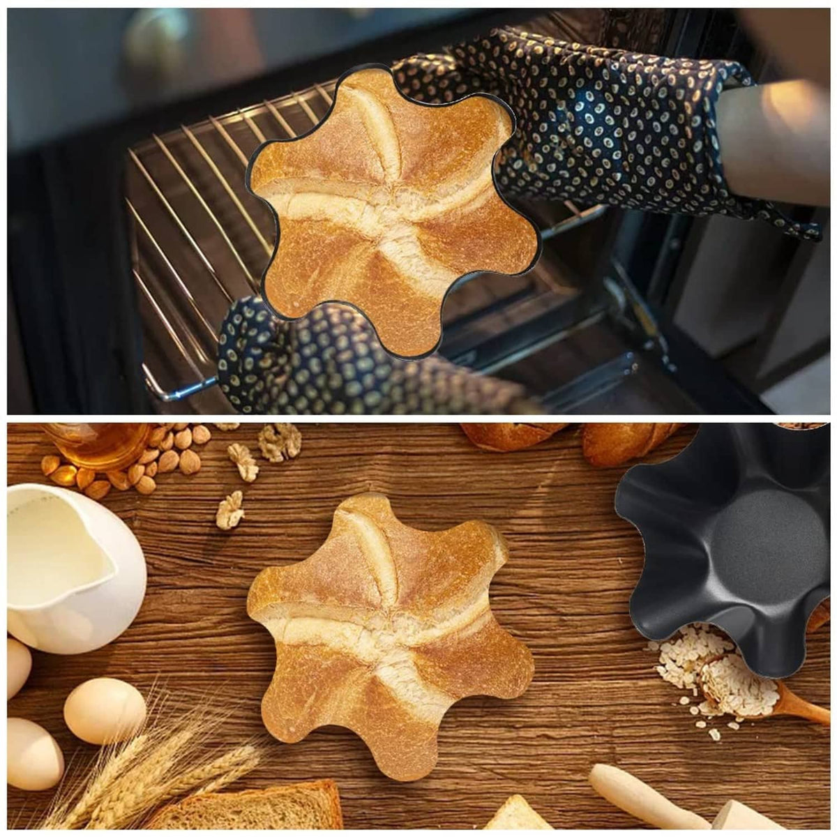 Black nonstick mold baked into a golden star-shaped bowl in an oven