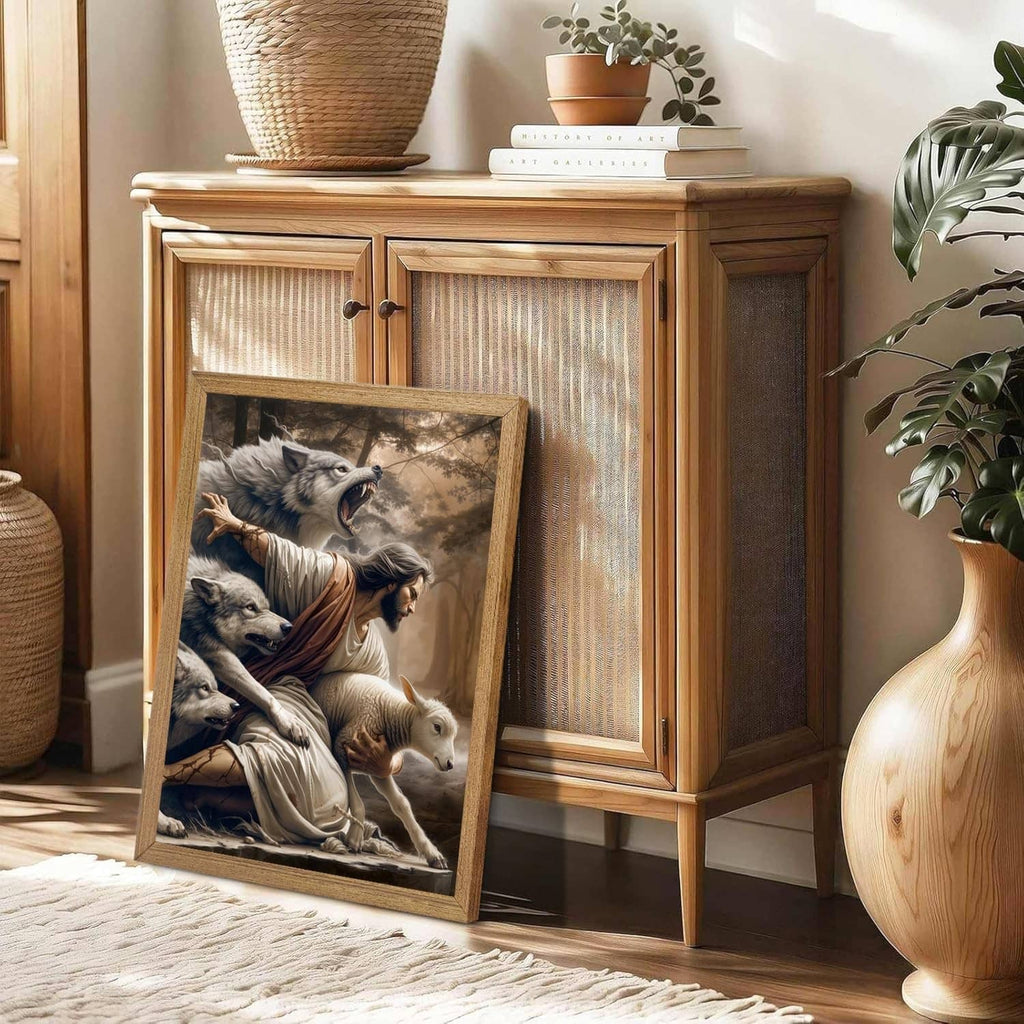 Framed Jesus and lamb canvas wall art leaning on cabinet doors in a living room