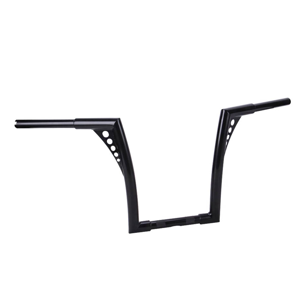 14 inch rise ape hanger handlebar bar, black metal with curved center and extended ends