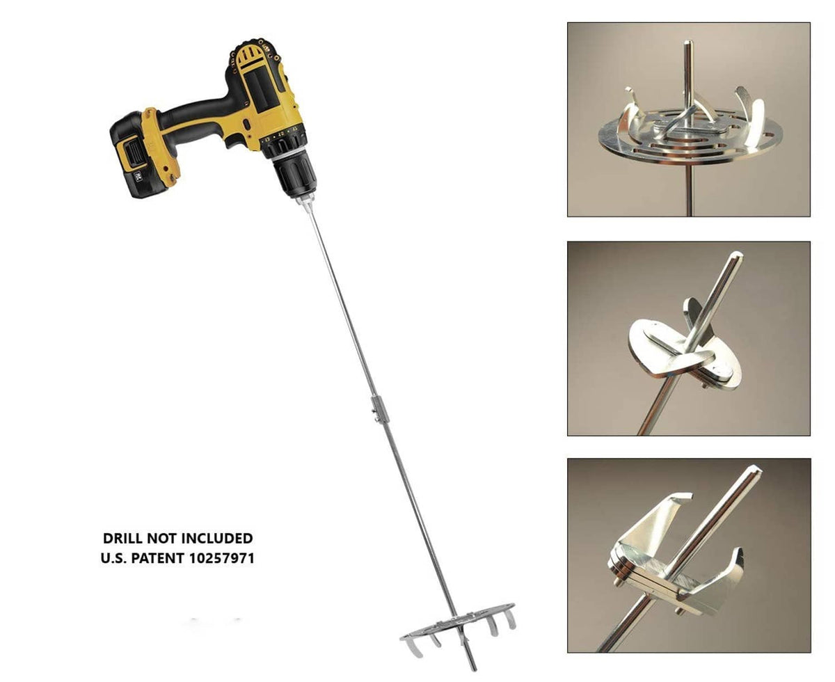 Cordless drill with drill tiller attachment and multi-rod weed-out tool heads