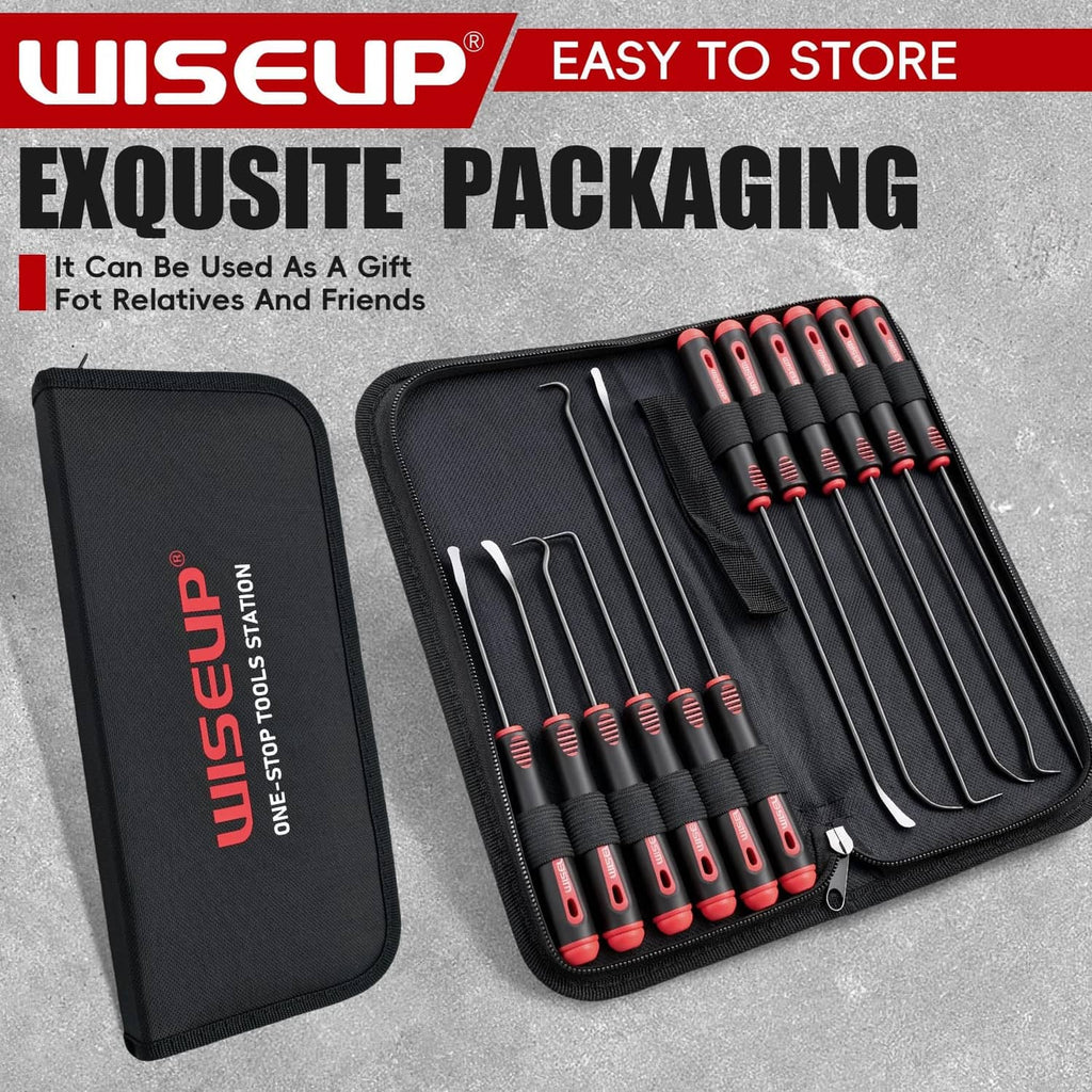 Hook and pick tools in black zip storage case, with red-accented handles and tips.
