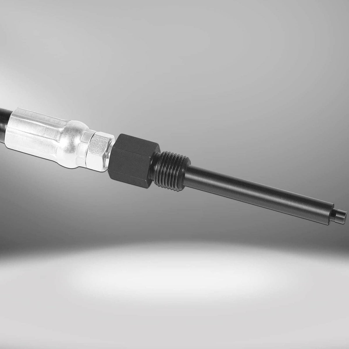 Compression tester adapter end with hex coupler and threaded connector, black hose body