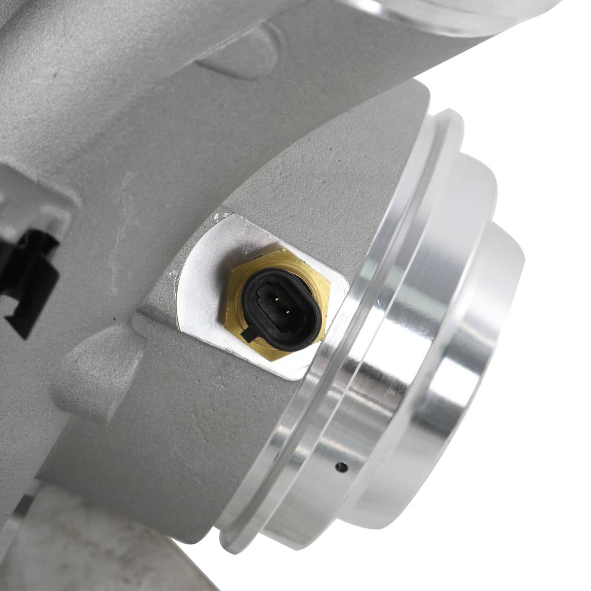Turbocharger intake port and silver compressor housing with electrical connector