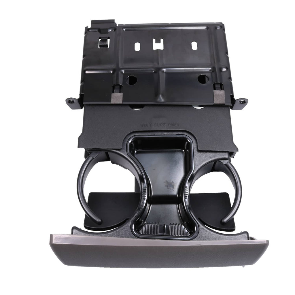 Gray dashboard ashtray and cup holder console insert with twin cup rings and opening
