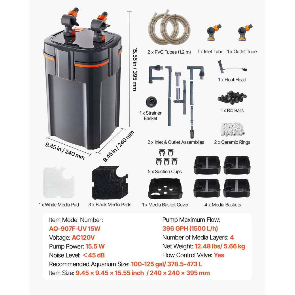 External aquarium filter kit with tubing, inlet/outlet parts, baskets, sponge media, and ceramic rings