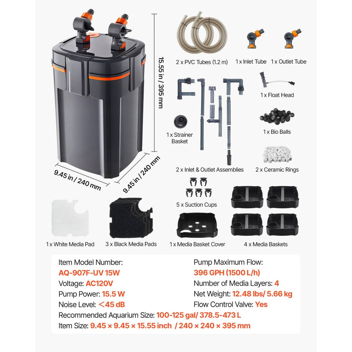 External aquarium filter kit with tubing, inlet/outlet parts, baskets, sponge media, and ceramic rings