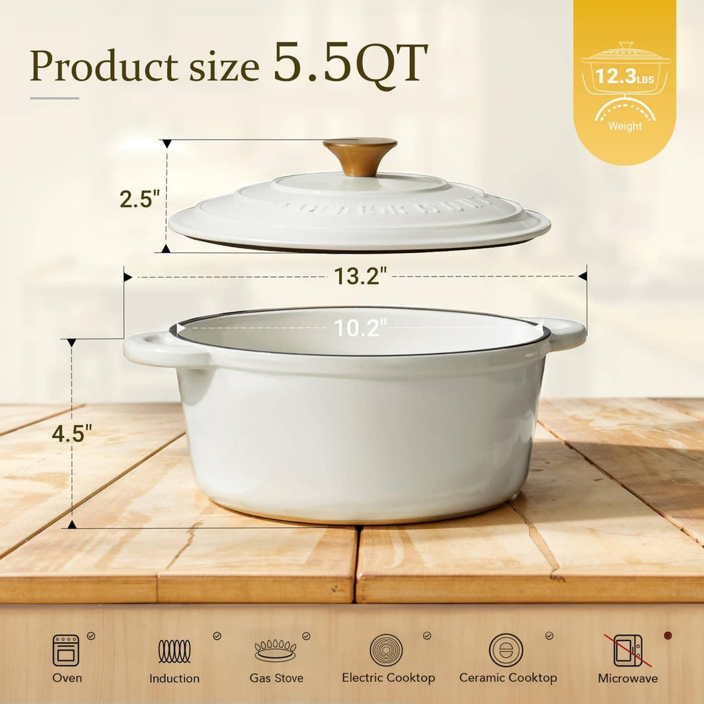 Pearl white enameled cast iron Dutch oven with gold-tone knob, size outline shown