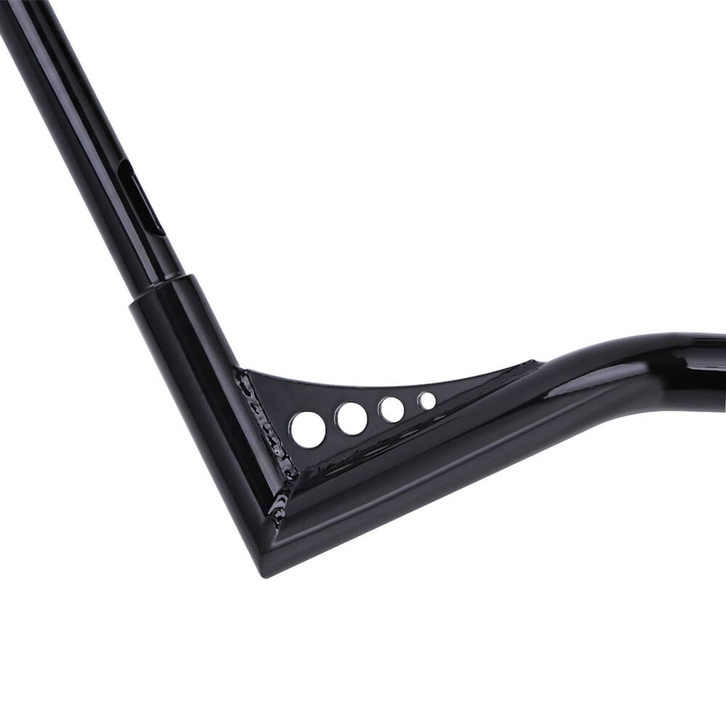 Black handlebar lower bend with drilled plate holes and welded brace detail