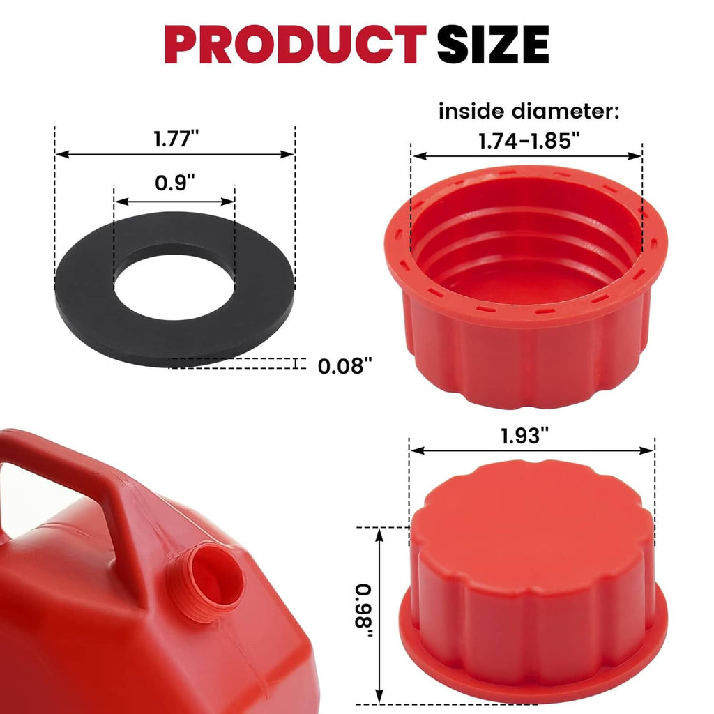 Red gas can replacement cap with black gasket, open threaded top and ribbed rim