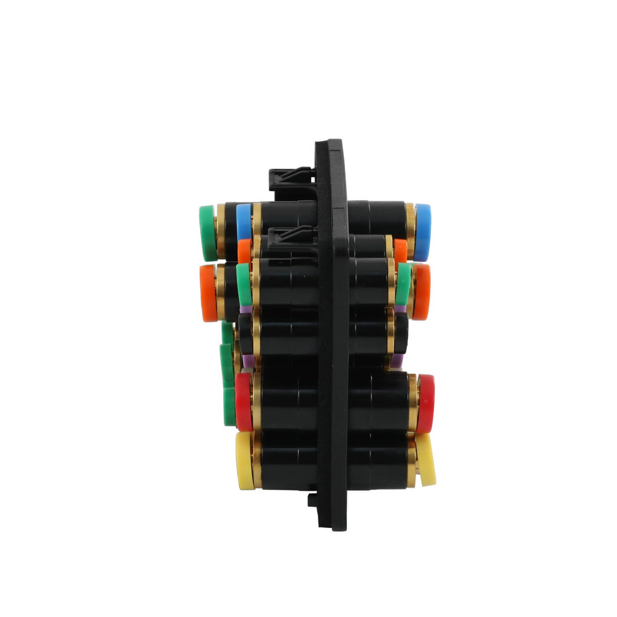 Air manifold valve block with multicolor push-fit fittings and black housing