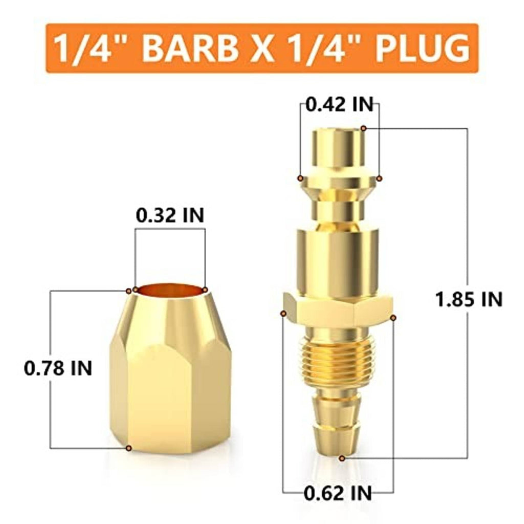 Brass barbed plug fitting with red sealing ring and barbed hose connection; dimensions shown