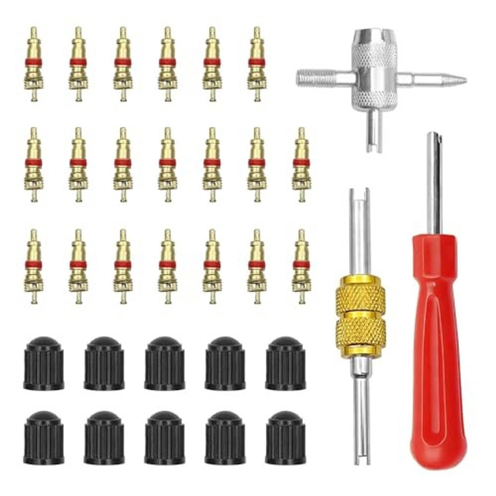 Valve core remover tool with red handle, gold coupler, silver head, and spare cores