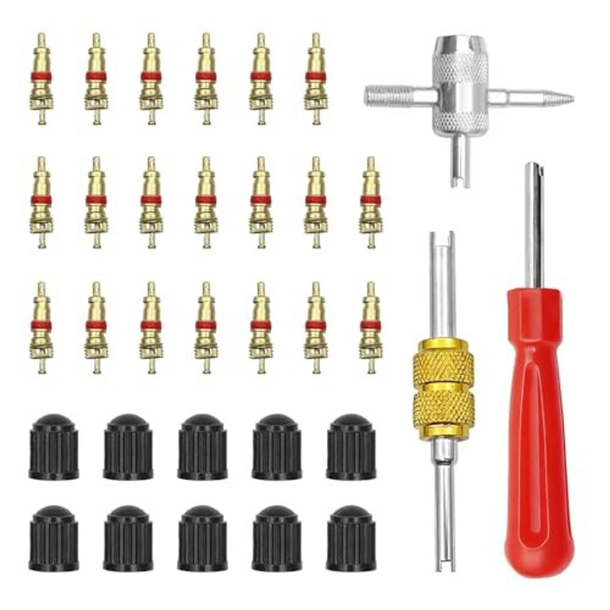 Valve core remover tool with red handle, gold coupler, silver head, and spare cores