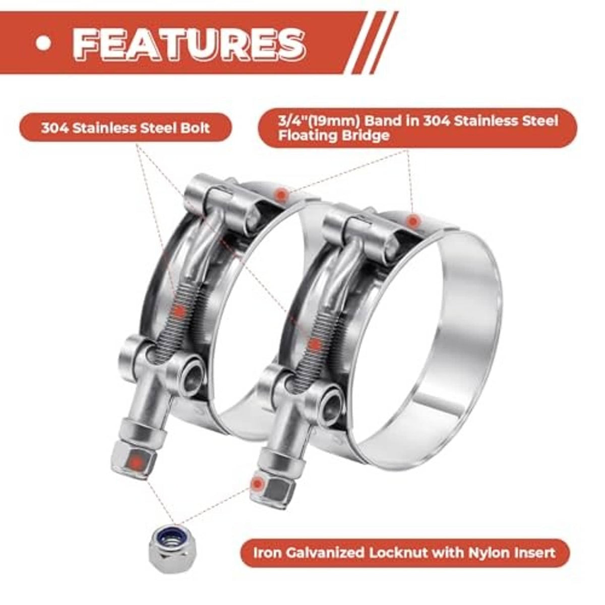 Pair of stainless T-bolt hose clamps with threaded bolt and metal band