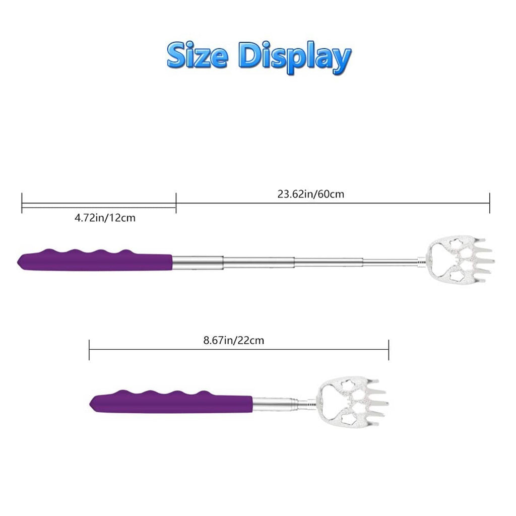 Telescoping bear claw back scratcher with purple handle and extended metal shaft