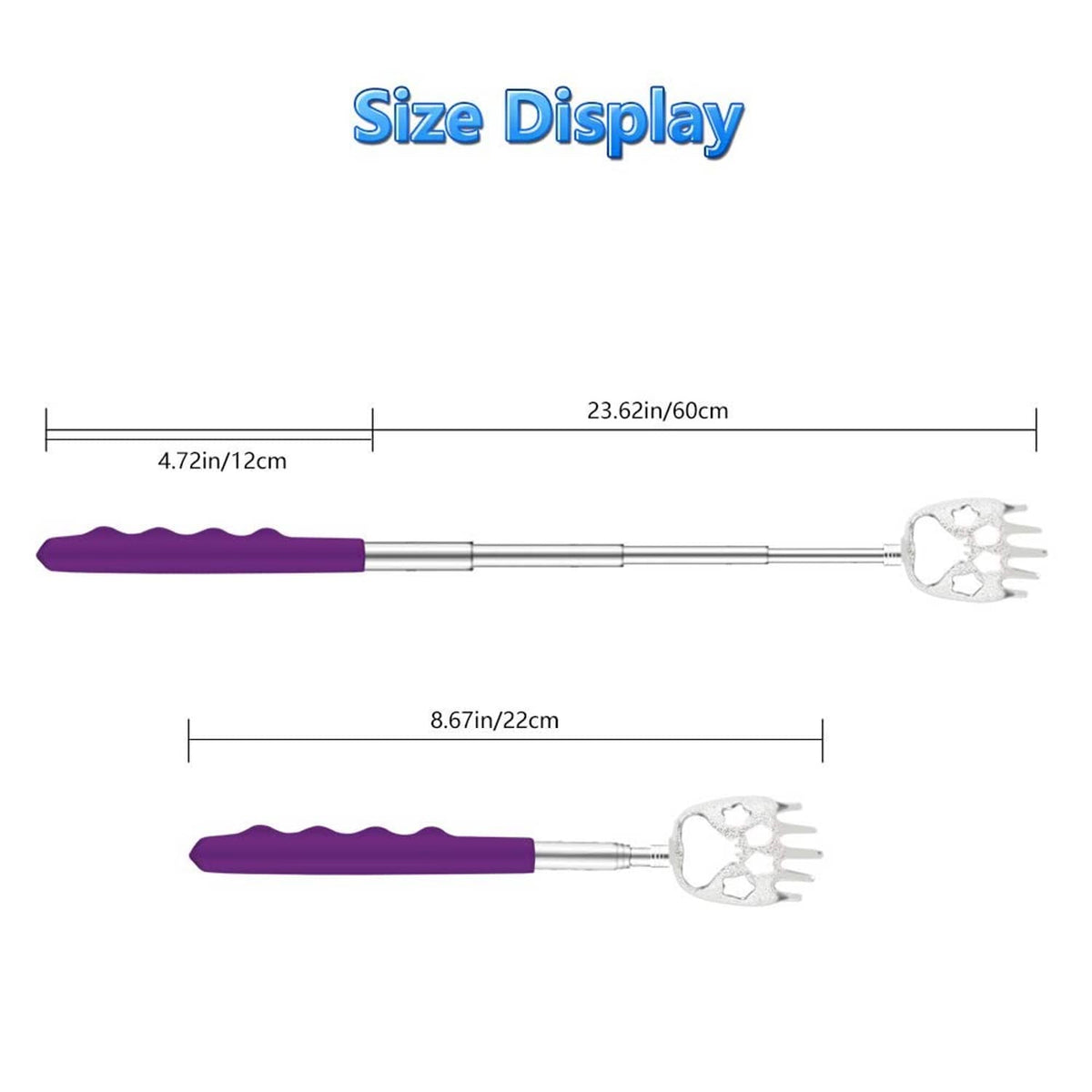 Telescoping bear claw back scratcher with purple handle and extended metal shaft