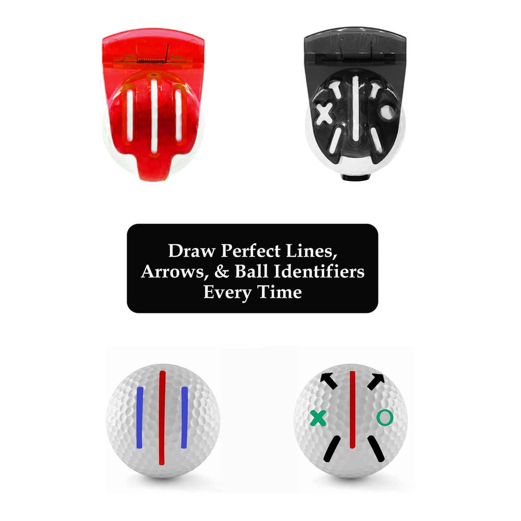 Golf ball line marker pair with red and black cap-style clips for arrows and identifiers