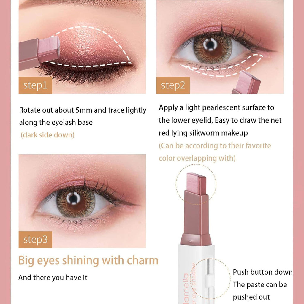 Glitter eyeshadow application steps on eyes and lower lash line using a stick