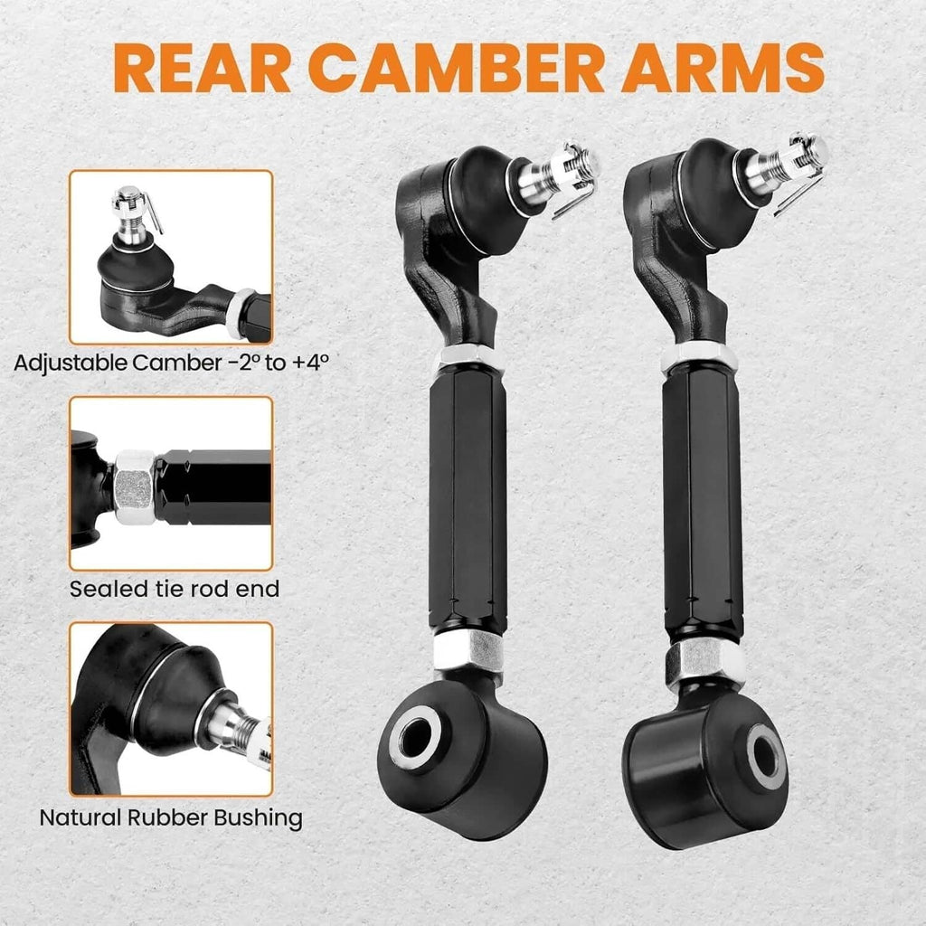 Adjustable rear camber control arms with black rubber bushings and ball joints