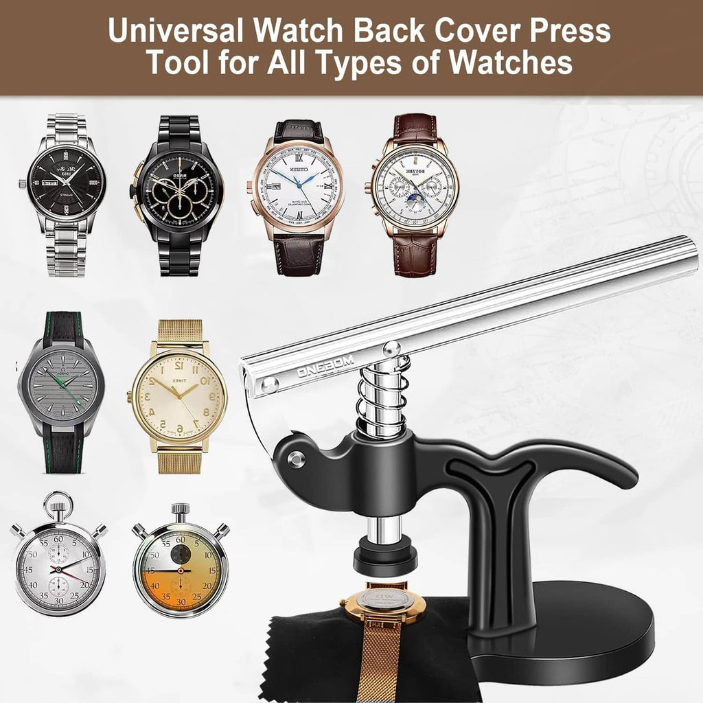 Universal watch back cover press tool with black handle and metal support rod