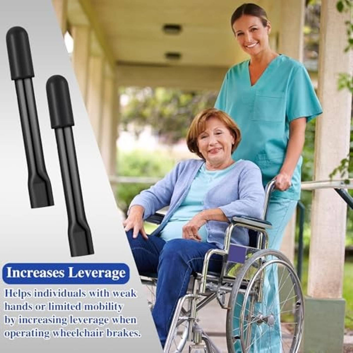 Wheelchair brake handle extension levers in black, designed to add leverage.