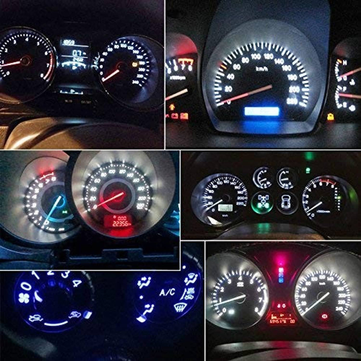 LED cluster bulbs illuminating gauge displays with colored backlighting